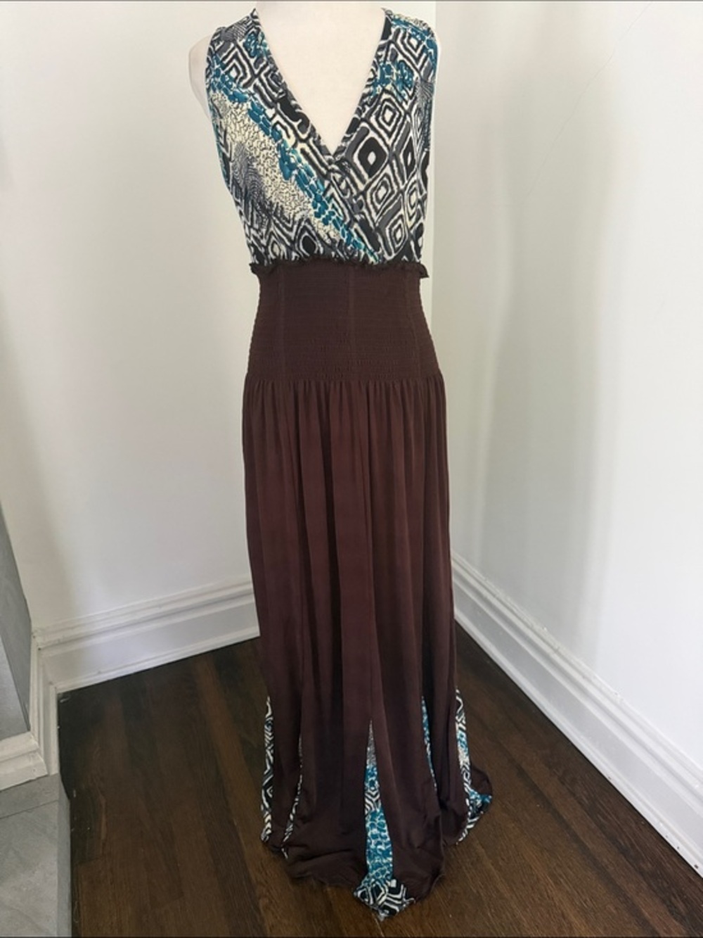 Renegade Club Sleeveless V-Neck Maxi Dress in Brown and Teal Geometric Print